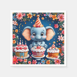 Servilleta De Papel Elefante de cumpleaños con pastel y globos