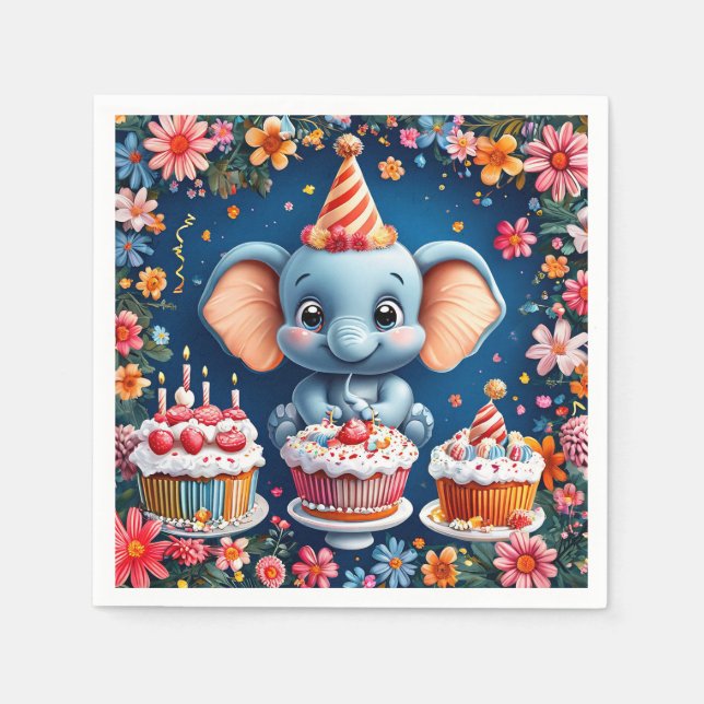 Servilleta De Papel Elefante de cumpleaños con pastel y globos (Anverso)