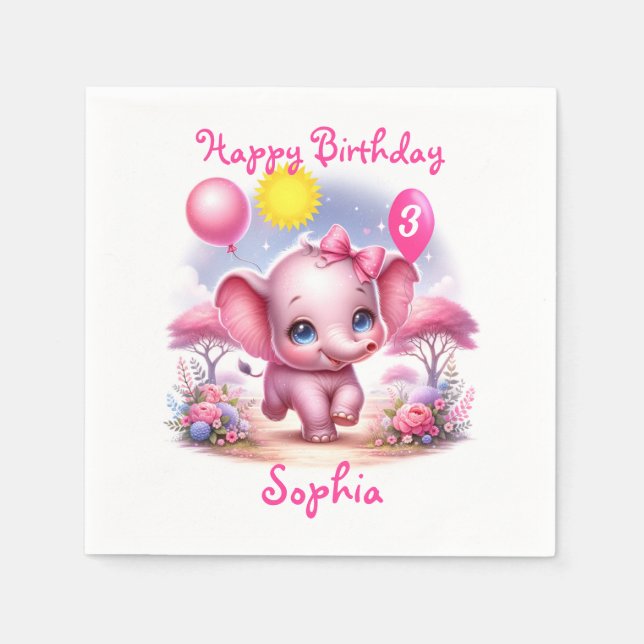 Servilleta De Papel Elefante de cumpleaños rosado adorable con globos (Anverso)