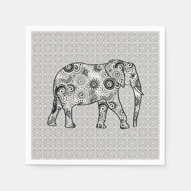 Servilleta De Papel elefante de remolino fractal - gris, negro y blanc (Anverso)