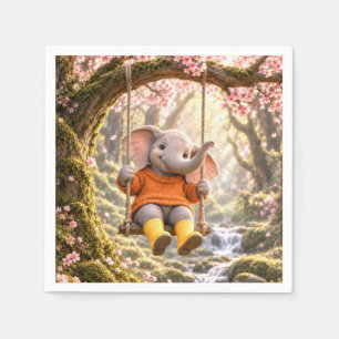 Servilleta De Papel Elefante Feliz en Columpio de Cerezo