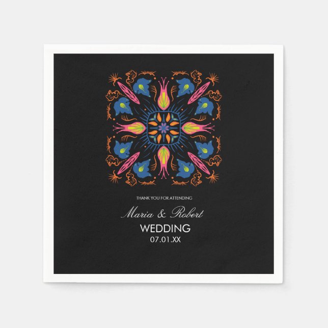 Servilleta De Papel Elefante floral de Boda indio negro (Anverso)