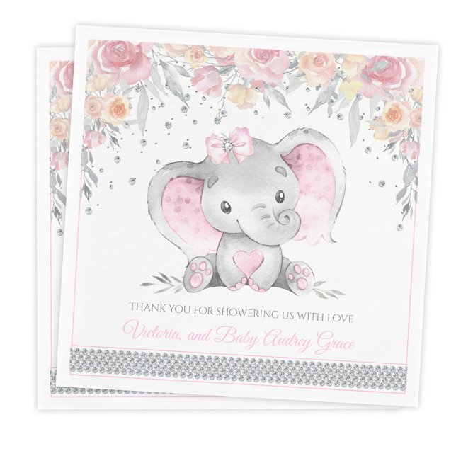 Servilleta De Papel Elefante gris rosado Diamond Floral Baby Shower (Personalize with optional text.)