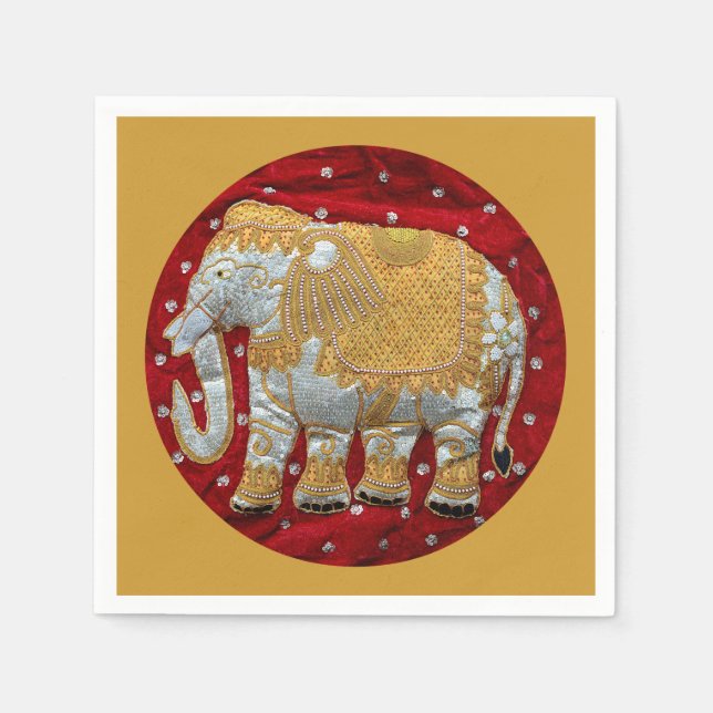 Servilleta De Papel Elefante indio embellecido rojo y oro (Anverso)