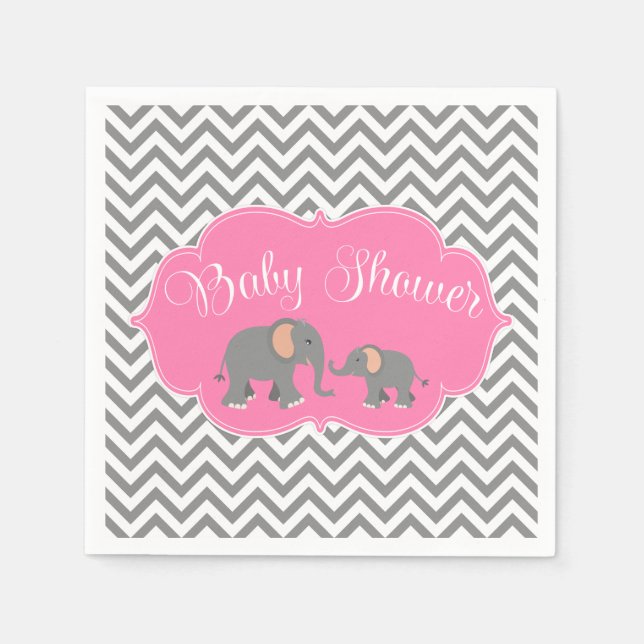 Servilleta De Papel Elefante moderno Chevron Gris rosa Baby Shower (Anverso)
