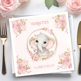 Servilleta De Papel Elefante Rosa Floral de rosa de primer cumpleaños