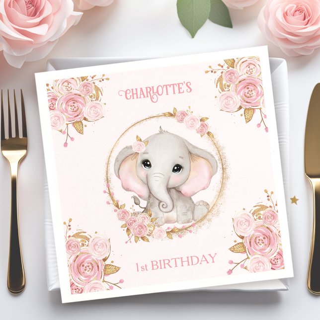 Servilleta De Papel Elefante Rosa Floral de rosa de primer cumpleaños (Elephant Pink Rose Floral 1st Birthday Napkins)