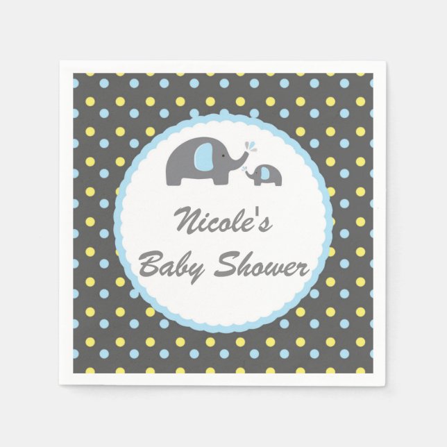 Servilleta De Papel Elefantes Baby Shower Gris azul y amarillo (Anverso)