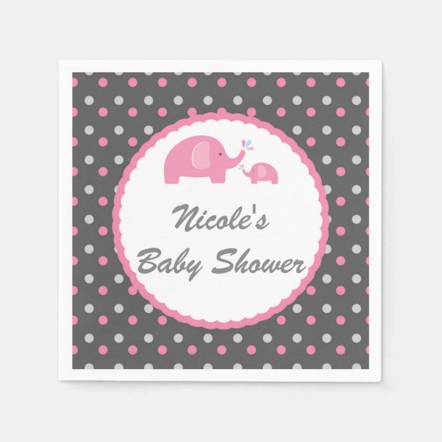 Servilleta De Papel Elefantes Baby Shower Gris rosa y blanco (Anverso)