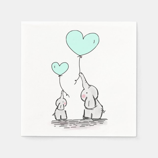 Servilleta De Papel Elefantes | Baby Shower Mint Green Heart Balloons (Anverso)