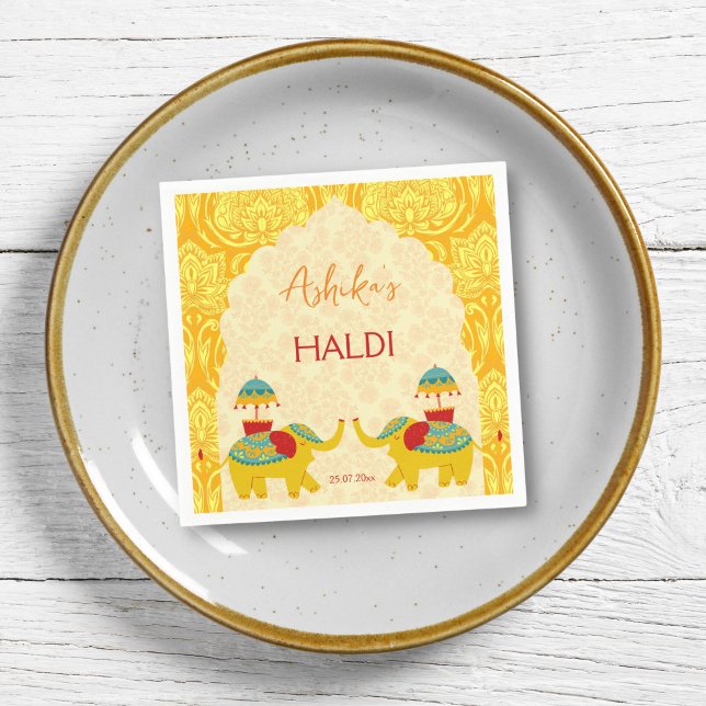 Servilleta De Papel elefantes bodas hindúes amarillos (Haldi napkins yellow jolly Indian wedding cute elephants arch border yellow pattern background)