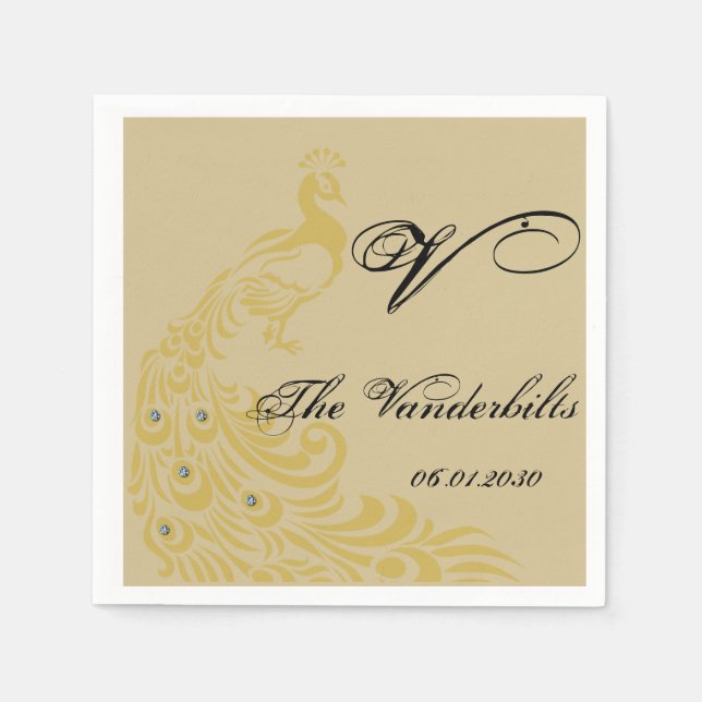 Servilleta De Papel Elegancia de pavo real con un monograma Art Deco (Anverso)