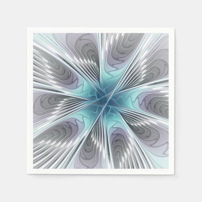 Servilleta De Papel Elegancia Flor de Arte Fractal Blanco Gris Azul (Anverso)