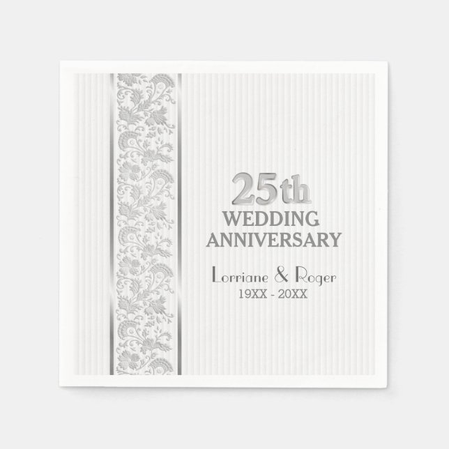 Servilleta De Papel Elegancia floral plateada 25º aniversario Boda (Anverso)