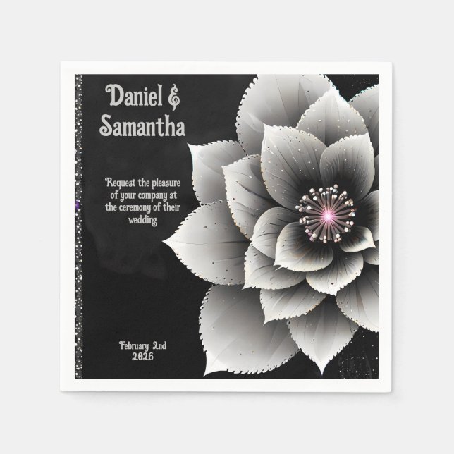 Servilleta De Papel Elegancia sin tiempo: Boda negro y plateado de flo (Anverso)