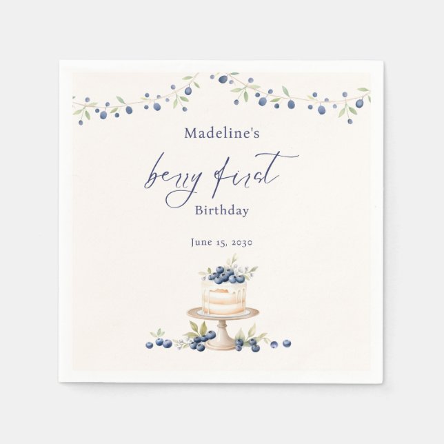 Servilleta De Papel Elegant Berry First Blueberry Birthday Party (Anverso)