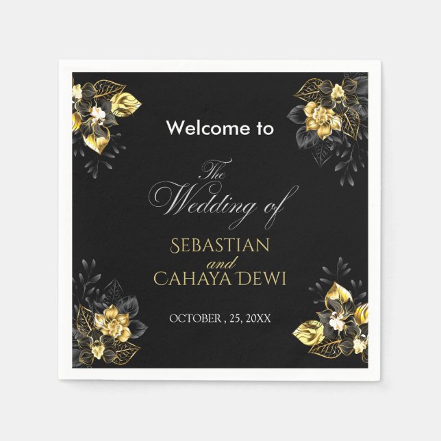 Servilleta De Papel Elegant black and gold summer wedding (Anverso)