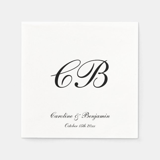 Servilleta De Papel Elegant Black and White Script Monogram Wedding (Anverso)