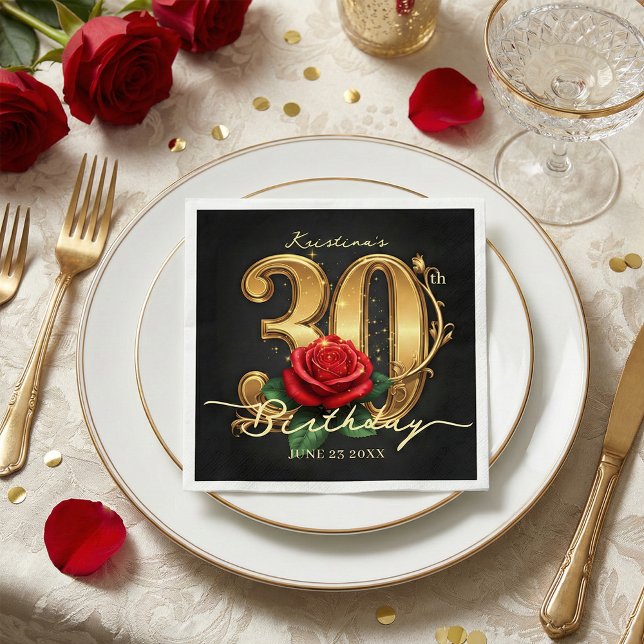 Servilleta De Papel Elegant Black Gold Red Rose 30th Birthday Party (Subido por el creador)