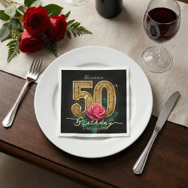 Servilleta De Papel Elegant Black Gold Red Rose 50th Birthday Party