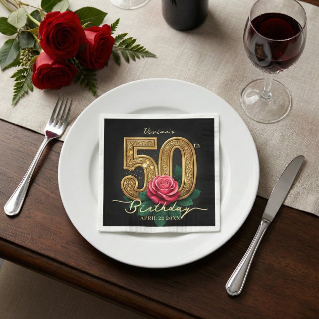 Servilleta De Papel Elegant Black Gold Red Rose 50th Birthday Party (Subido por el creador)