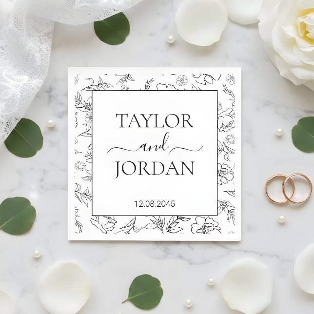 Servilleta De Papel Elegant Black & White Floral Wedding Custom Napkin (Subido por el creador)
