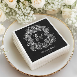 Servilleta De Papel Elegant Black White Monogram Crest Script Wedding