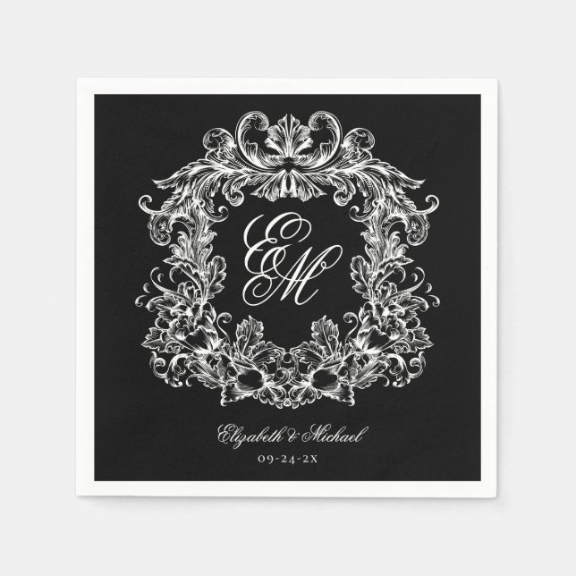 Servilleta De Papel Elegant Black White Monogram Crest Script Wedding (Anverso)