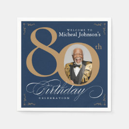 Servilleta De Papel Elegant Blue and Gold Custom Photo 80th Birthday