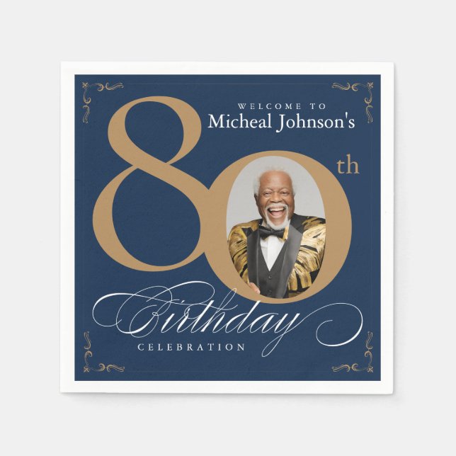 Servilleta De Papel Elegant Blue and Gold Custom Photo 80th Birthday  (Anverso)