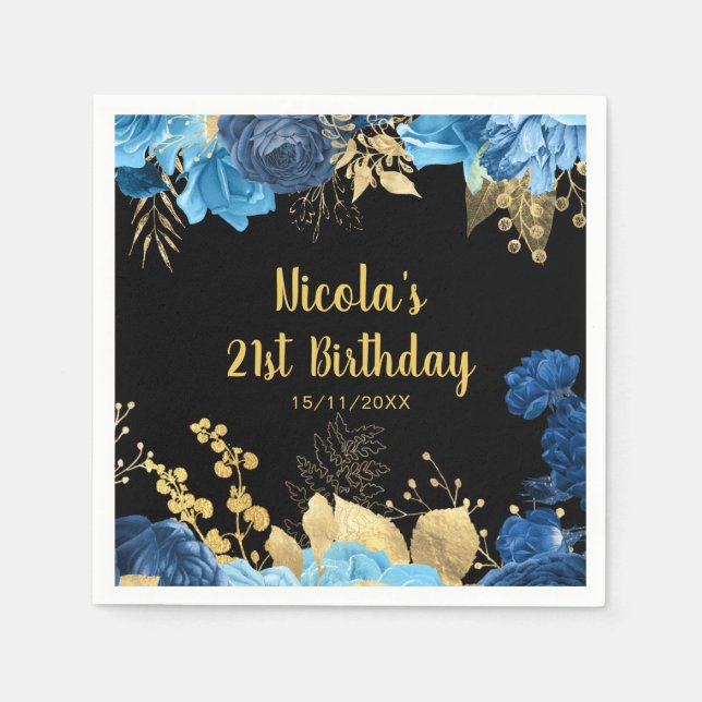 Servilleta De Papel Elegant Blue and Gold Flowers Birthday Party  (Anverso)