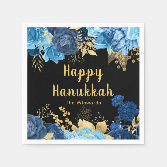 Servilleta De Papel Elegant Blue and Gold Flowers Hanukkah Party (Anverso)