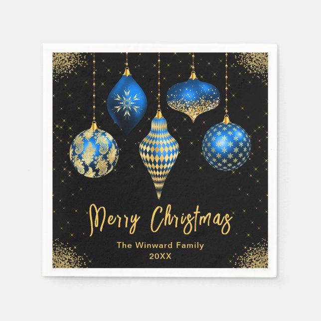 Servilleta De Papel Elegant Blue and Gold Ornament Christmas (Anverso)
