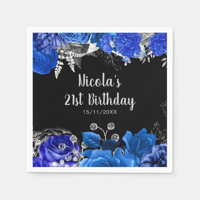 Servilleta De Papel Elegant Blue and Silver Flowers Birthday Party (Anverso)