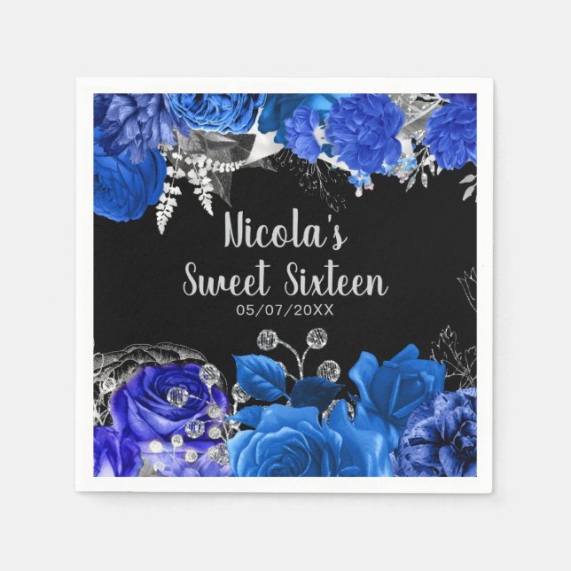 Servilleta De Papel Elegant Blue and Silver Flowers Sweet Sixteen (Anverso)