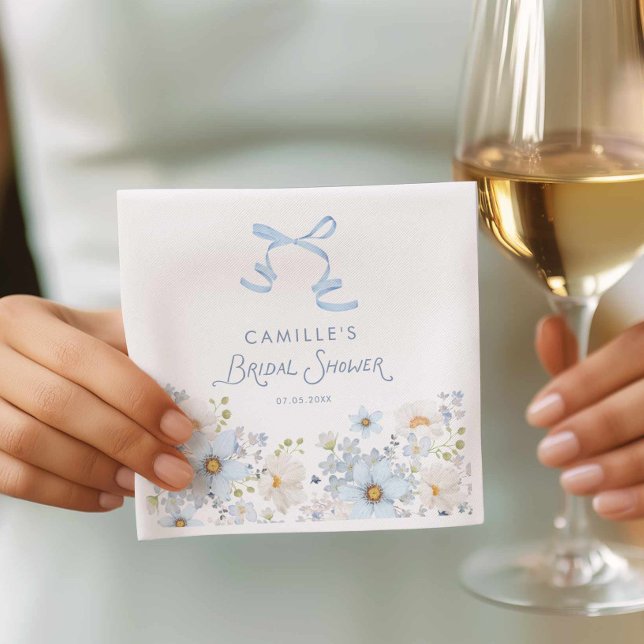 Servilleta De Papel Elegant Blue Bow and Floral Bridal Shower (Blue Floral and Bow Bridal Shower Paper Napkin)