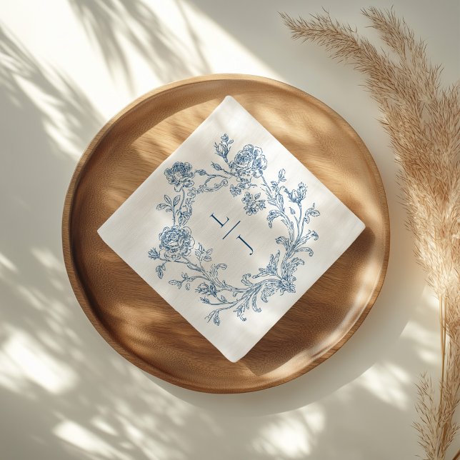 Servilleta De Papel Elegant Blue Floral Crest Monogram Wedding (Subido por el creador)