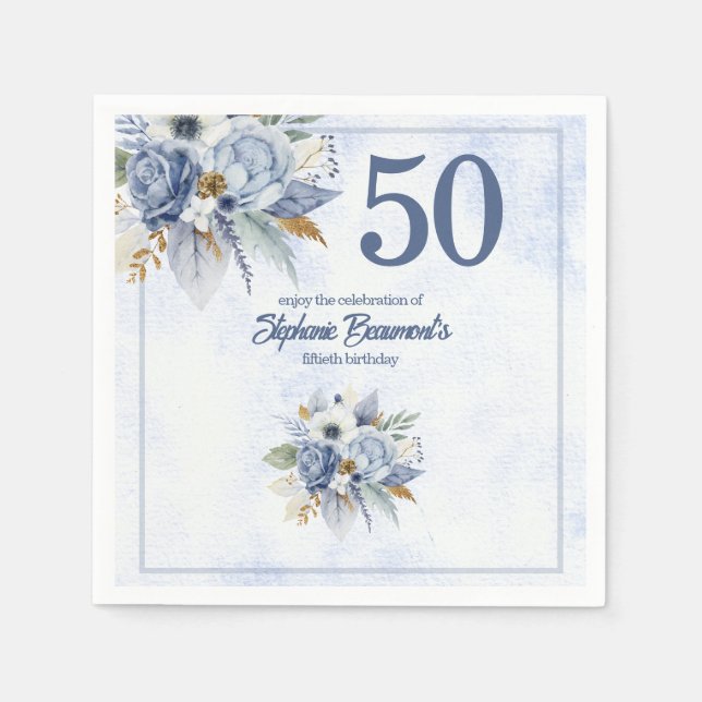 Servilleta De Papel Elegant Blue Florals Women's 50th Birthday Party (Anverso)