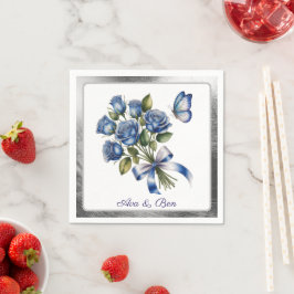 Servilleta De Papel Elegant Blue Roses and Butterfly Silver Wedding