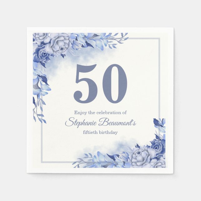Servilleta De Papel Elegant Blue Roses Floral Women's 50th Birthday  (Anverso)