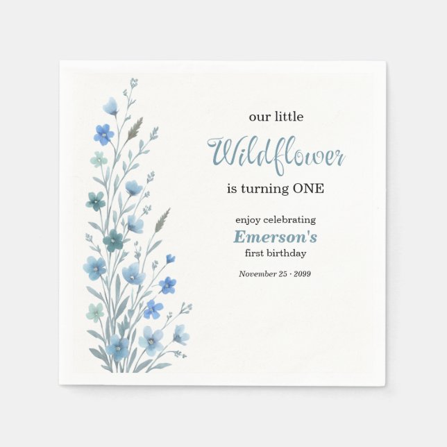 Servilleta De Papel Elegant Blue Wildflower 1st Birthday Party (Anverso)