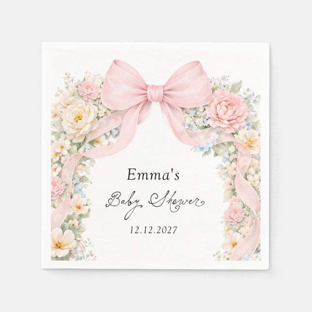 Servilleta De Papel Elegant Blush Pink Bow Floral Baby Shower (Anverso)