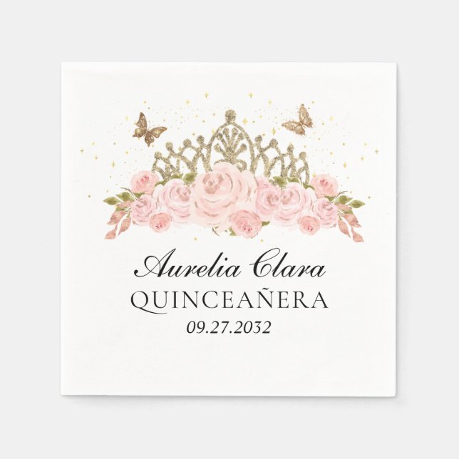 Servilleta De Papel Elegant Blush Pink Floral Gold Tiara Quinceanera (Anverso)