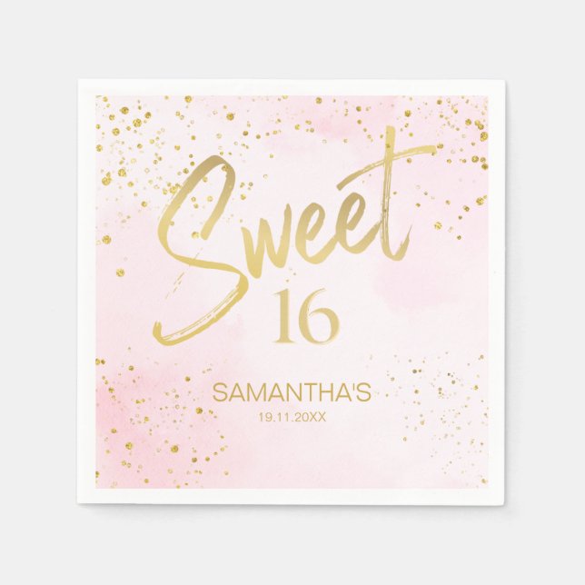 Servilleta De Papel Elegant Blush Pink & Gold Confetti Sweet 16  (Anverso)