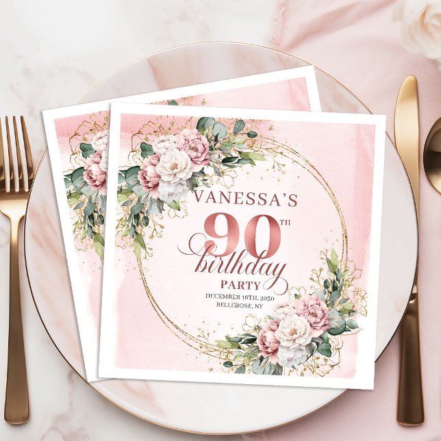 Servilleta De Papel Elegant Boho Blush Pink Floral 90th Birthday Party (Elegant Blush Pink Floral 90th Birthday Party Napkins)