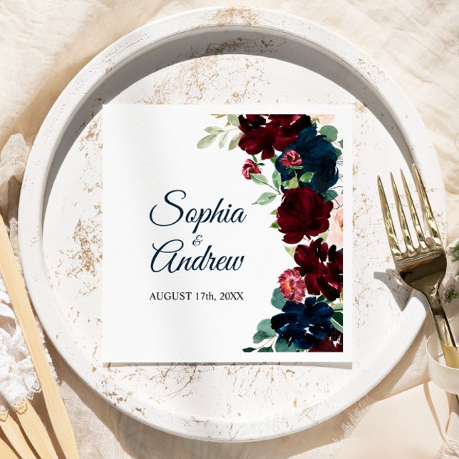 Servilleta De Papel Elegant Burgundy & Navy Floral  Wedding Napkins (Subido por el creador)