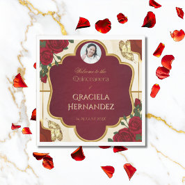 Servilleta De Papel Elegant Burgundy Red & Gold Rose Quinceañera 