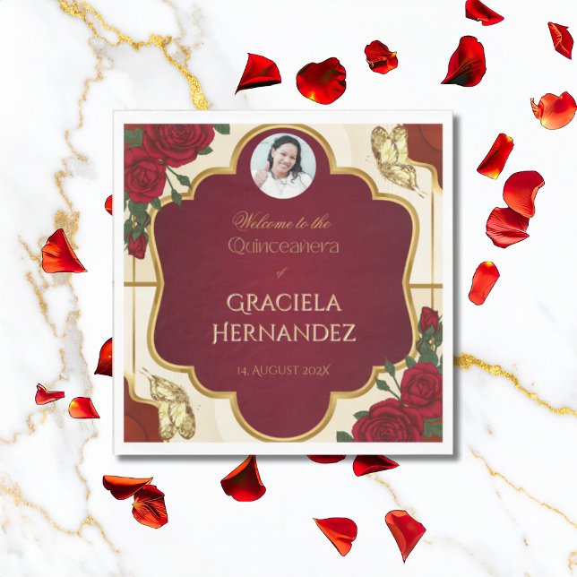 Servilleta De Papel Elegant Burgundy Red & Gold Rose Quinceañera  (Subido por el creador)