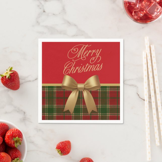 Servilleta De Papel Elegant Christmas Plaid Napkin with Gold Bow (In situ)