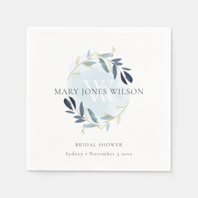 SERVILLETA DE PAPEL ELEGANT CORONA DE FOLLAJE AZUL ORO BRIDAL SHOWER (Anverso)